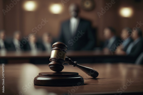Judge gavel and blurred figure of Judge  Lawyer or Prosecutor in the Court Hall. Law concept of Judiciary  Jurisprudence and Justice. Copy space. Based on Generative AI
