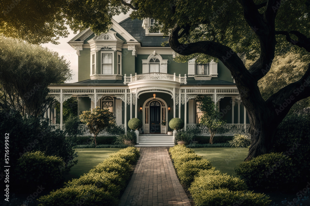 beautiful classic house green landscape design. Illustration Generative AI