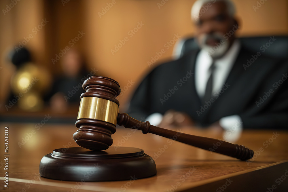 Judge gavel and blurred figure of Judge in the Court Hall. Law concept of Judiciary, Jurisprudence and Justice. Copy space. Based on Generative AI