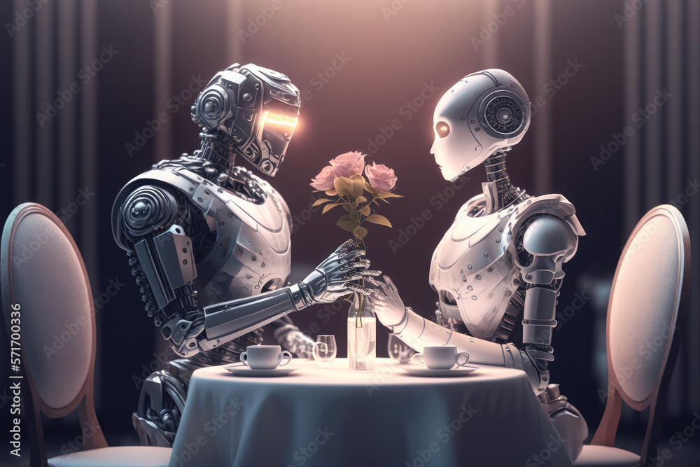 Feelings and senses in artificial intelligence concept with robot gives flowers to another robot. Created with Generative AI technology. Feelings and senses in artificial intelligence concept with robot gives flowers to another robot. Created with Generative AI technology.