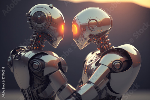 Feelings and senses in artificial intelligence concept with robots in love. Created with Generative AI technology.