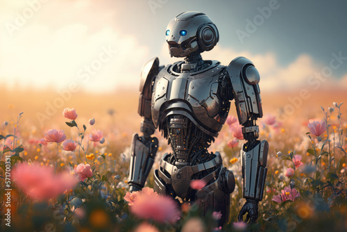 Feelings in artificial intelligence concept with romantic robot in a field of flowers. Created with Generative AI technology.