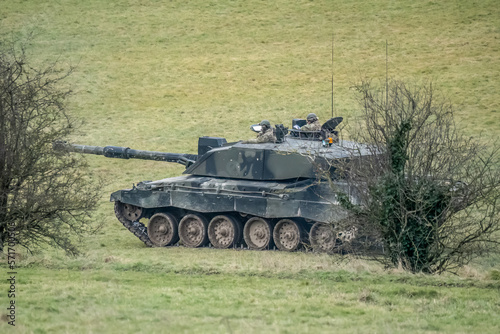 close-up of a British army FV4034 Challenger 2 ii main battle tank in action on a military combat exercise, Wiltshire UK