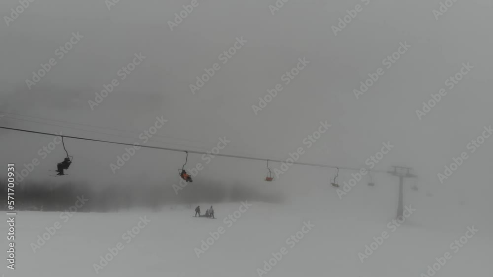 Shot from the drone of the funicular to the Himba mountain. Ski resort Pylypets in the Carpathians of Ukraine. Prepared tracks for skiers and snowboarders. The longest ski run in Ukraine. Cableway Shot from the drone of the funicular to the Himba mountain. Ski resort Pylypets in the Carpathians of Ukraine. Prepared tracks for skiers and snowboarders. The longest ski run in Ukraine. Cableway