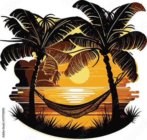 Vector image of hammock tied to palm trees against background of tropical beach.
