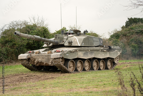 close-up of a British army FV4034 Challenger 2 ii main battle tank in action on a military combat exercise, Wiltshire UK