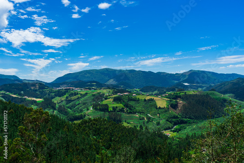Mountains covered with forest and green grass. Mountain landscape Basque Country, Spain.