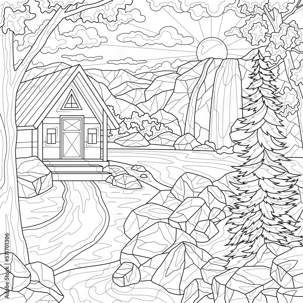 House near waterfall and mountains.Coloring book antistress for children and adults. Zen-tangle style. Hand draw