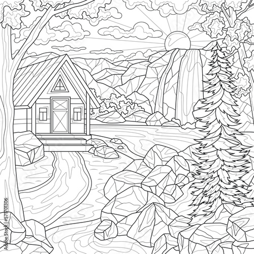 House near waterfall and mountains.Coloring book antistress for children and adults. Zen-tangle style. Hand draw