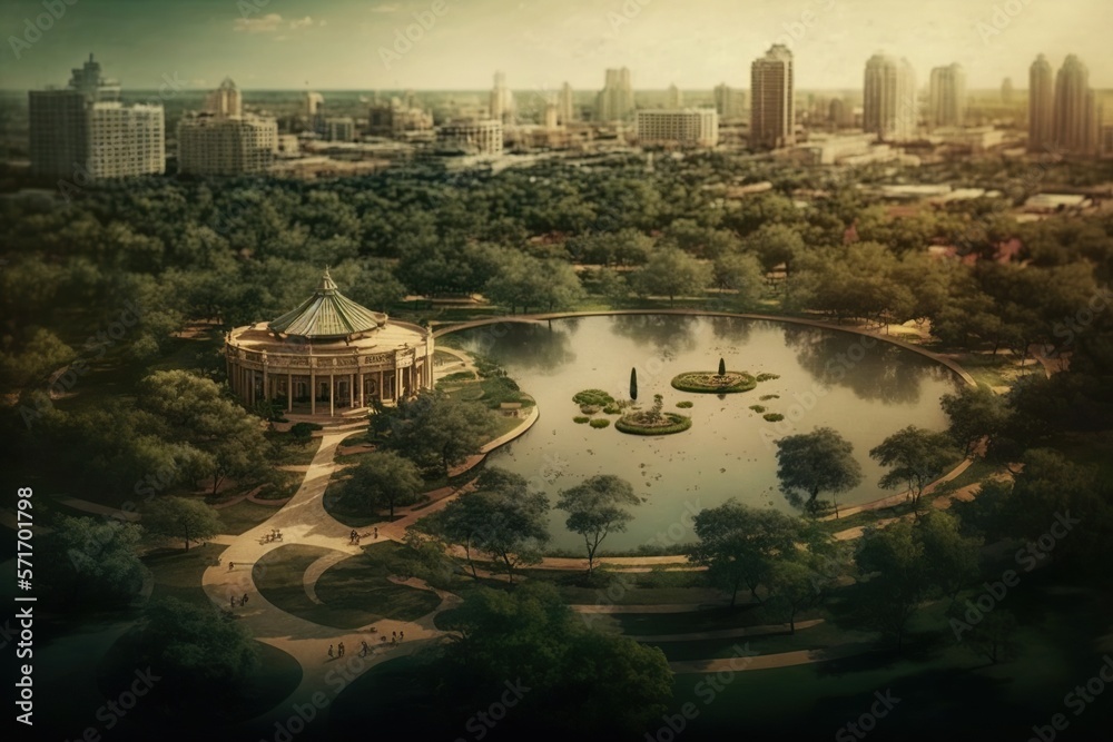 Naklejka premium Birds eye view of city park, concept of Aerial Perspective and Panoramic View, created with Generative AI technology