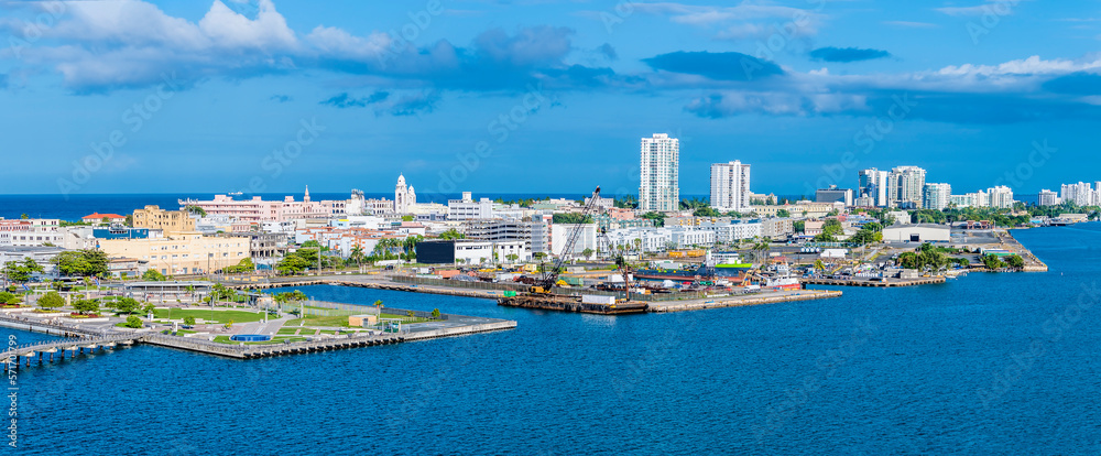 A view from the port towards the commercial centre of San Juan, Puerto Rico on a bright sunny day