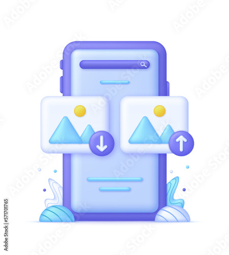 3D Download or upload picture icon on Phone. Picture, jpg file, photo icon. Gallery icon. Mountains and sun.