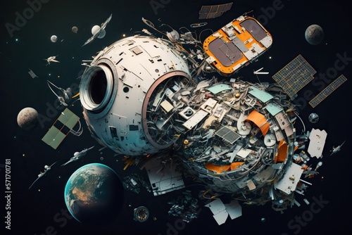 Birds eye view of a space junk graveyard showing numerous pieces of defunct satellites and other space debris  concept of Orbital Debris and Satellite Remains  created with Generative AI technology