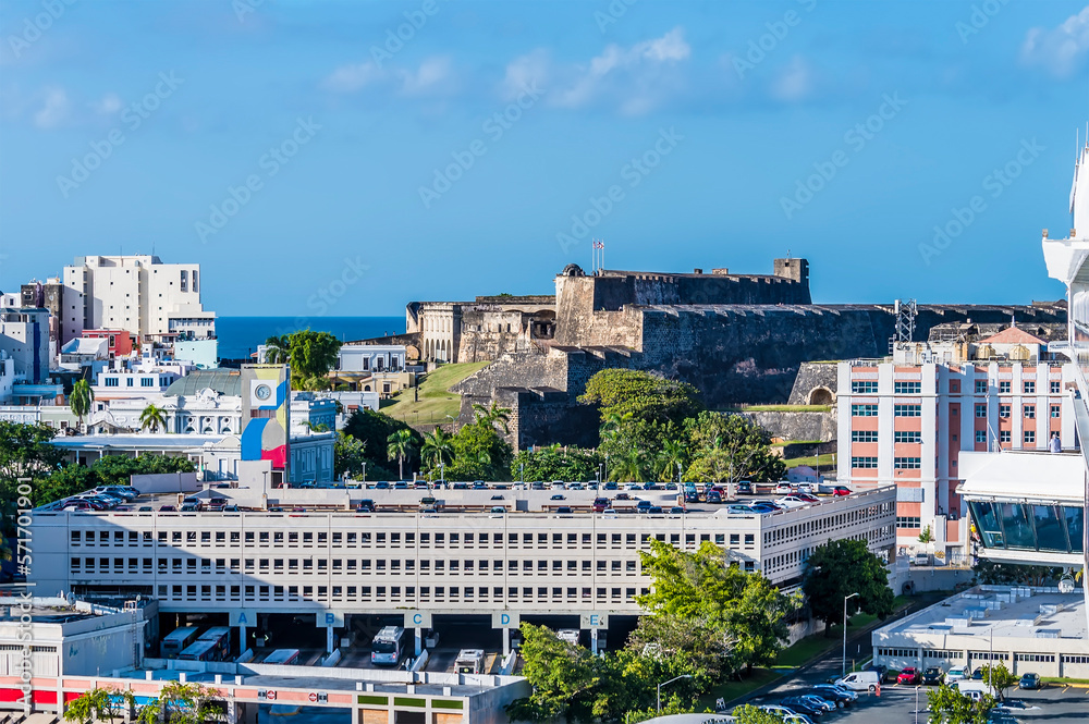 A view from the port towards the centre of San Juan, Puerto Rico on a bright sunny day