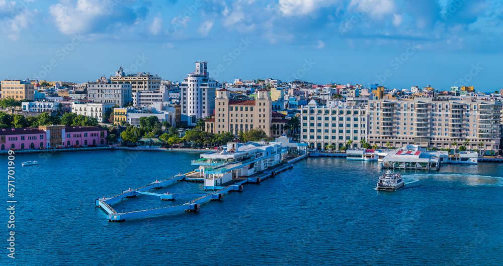 A view along the port of San Juan, Puerto Rico on a bright sunny day