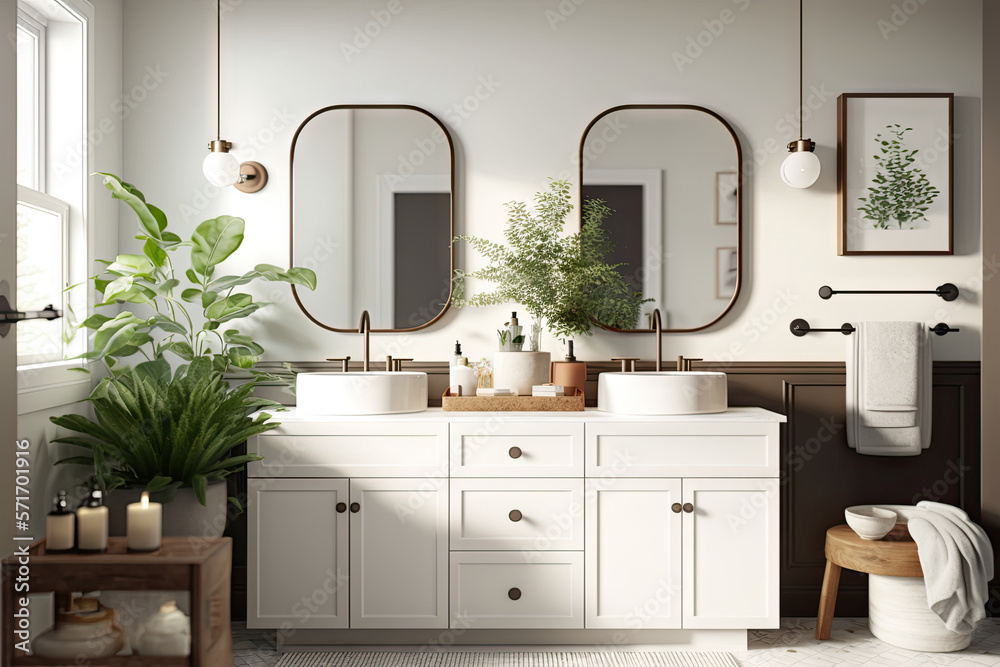 Fototapeta premium Bathroom with vanity with themes of nature and self care, made using generative ai