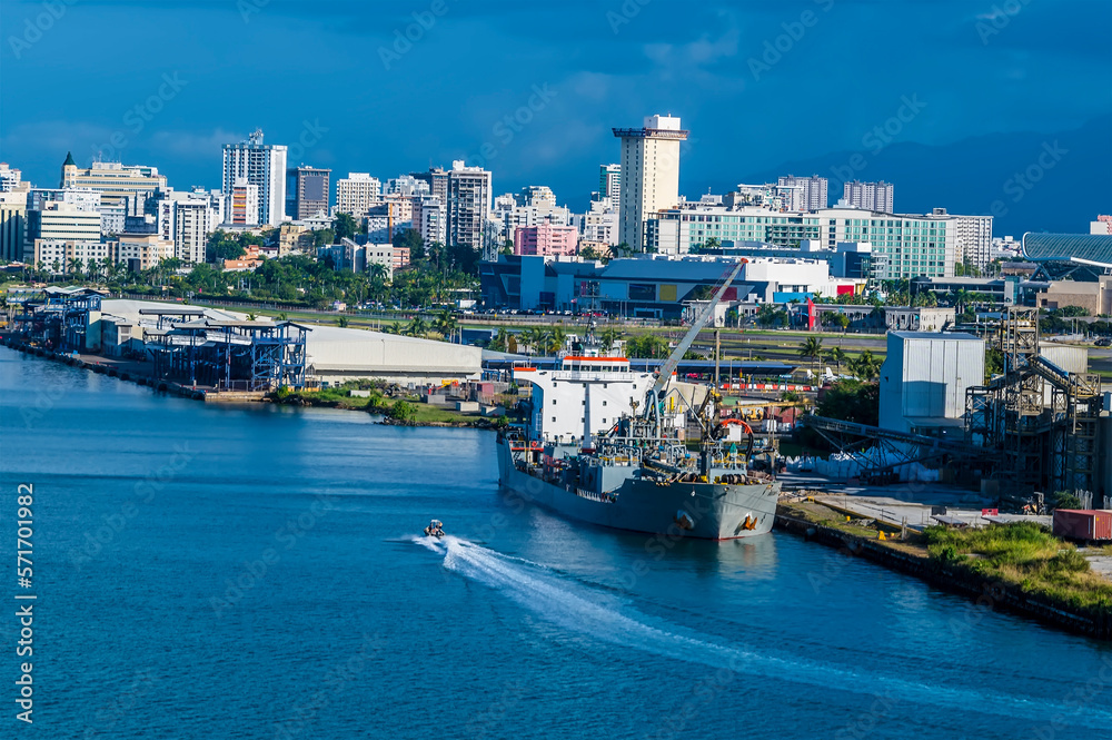 A view from the port towards the commercial dock of San Juan, Puerto Rico on a bright sunny day