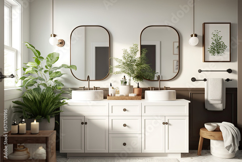 Fototapete Bathroom with vanity with themes of nature and self care, made using generative