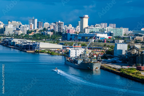 A view from the port towards the commercial dock of San Juan  Puerto Rico on a bright sunny day