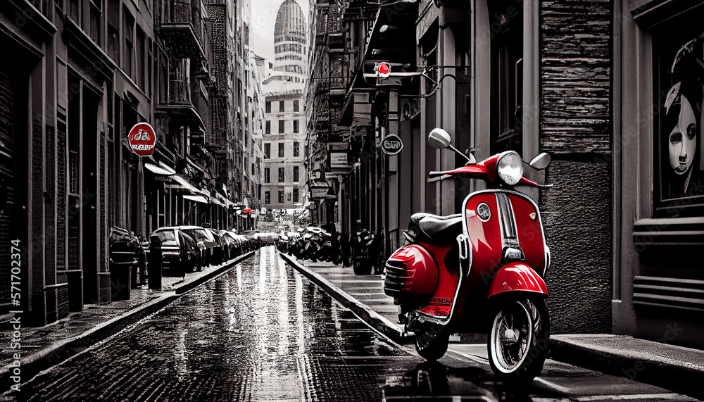 Retro Bild mit Colorkey-Effekt: Schwarz weiß Foto einer Altstadt mit roten retro Roller - Generative Ai - obrazy, fototapety, plakaty 