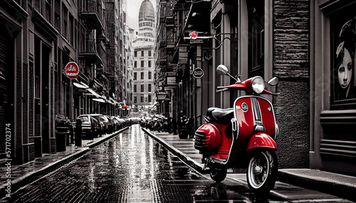 Retro Bild mit Colorkey-Effekt: Schwarz weiß Foto einer Altstadt mit roten retro Roller - Generative Ai