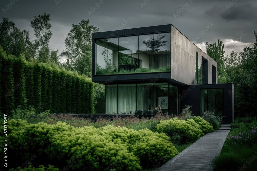 Fototapeta premium beautiful modern house green landscape design. Illustration Generative AI