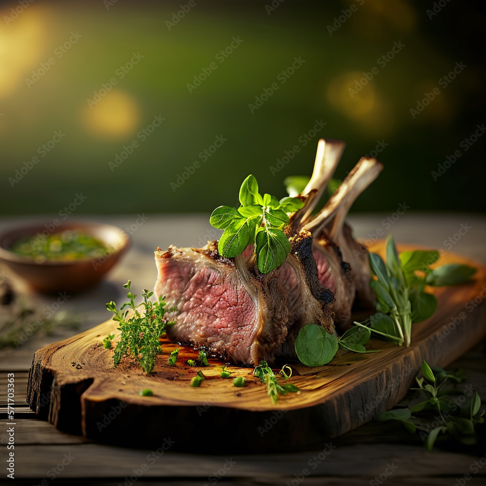 Delicous lamb chops with rosemary on a wooden board with nice backdrop