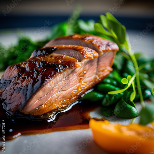 Slow Food Delight: Farm-to-Table Roasted Duck Fillet with Seasonal Vegetables. Spring Scene. AI Generated Art. photo