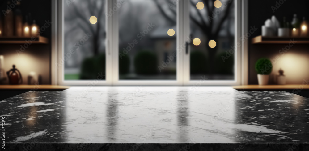 Modern empty dark marble table top or kitchen island on blurry bokeh kitchen room interior background. for montage product display. digital ai art