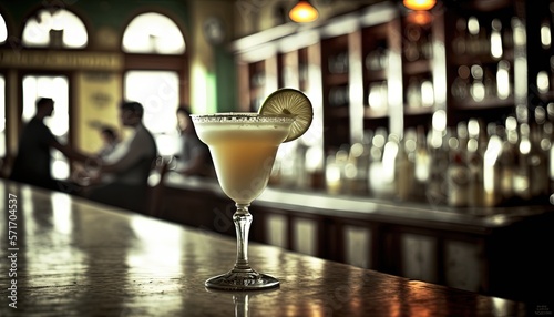close up a glass of Daiquiri cocktail at vintage bar bokeh light, Generative Ai