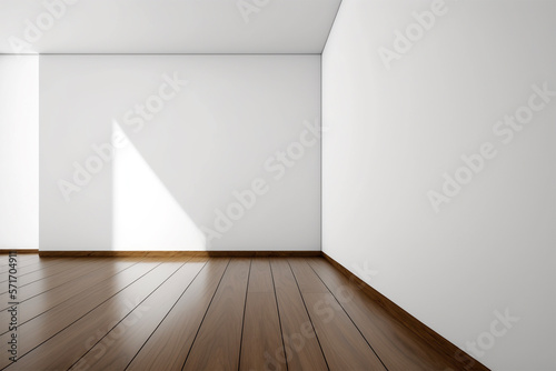 Blank pure white wall and wooden parquet.Empty wall.Copy space.3D rendering.Created with generative ai