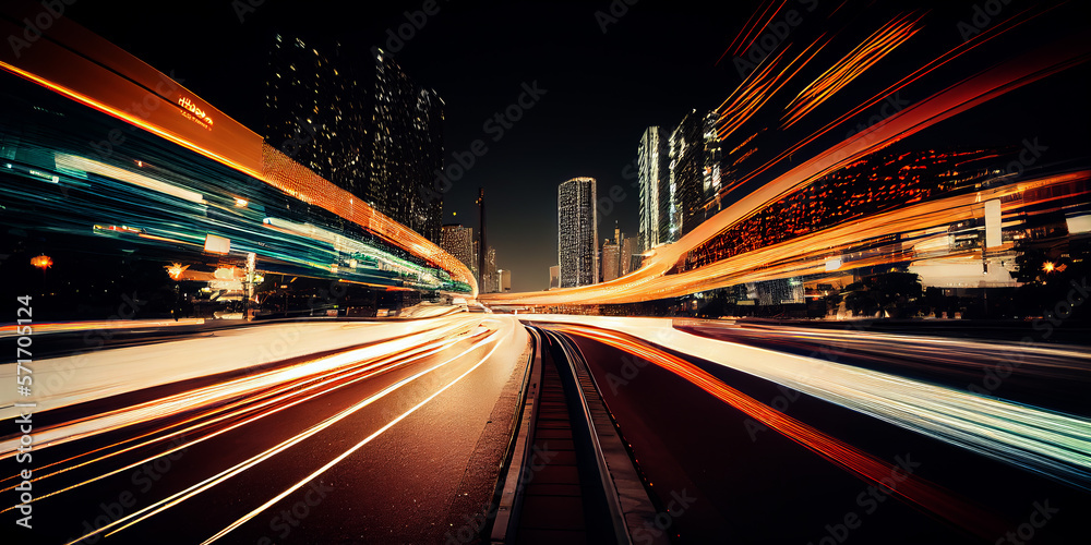 abstract long exposure dynamic speed light trails in an urban environment. Generative ai abstract long exposure dynamic speed light trails in an urban environment. Generative ai