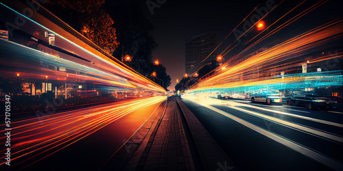 abstract long exposure dynamic speed light trails in an urban environment. Generative ai