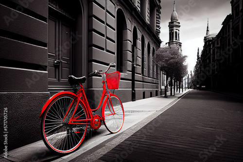 Retro Bild mit Colorkey-Effekt: Schwarz weiß Foto einer Altstadt mit roten retro Fahrrad - Generative Ai