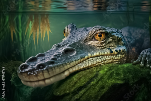 Closeup Young American alligator  at the bottom of the pond. generative AI