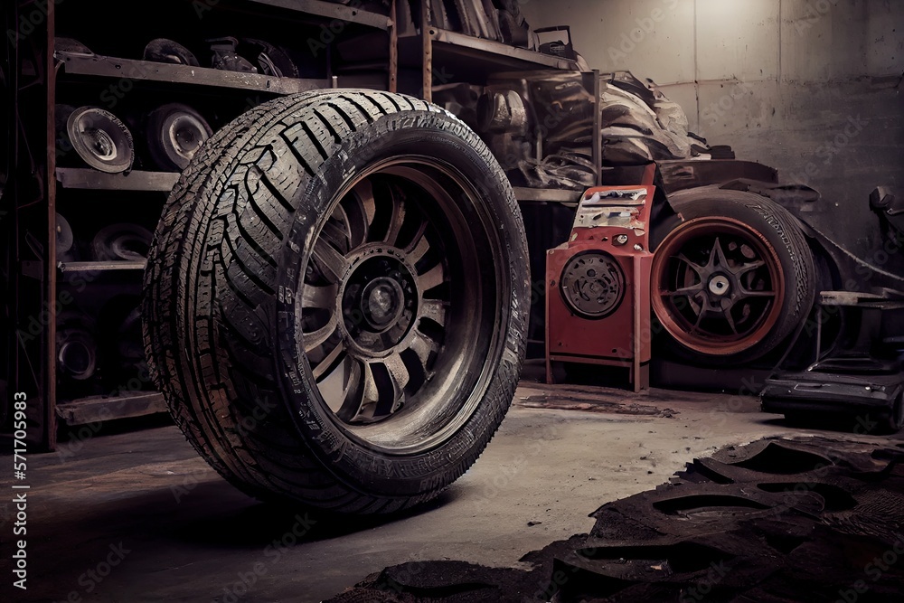 A tyre at the repair shop, service garage background, car fixing - generative ai A tyre at the repair shop, service garage background, car fixing - generative ai