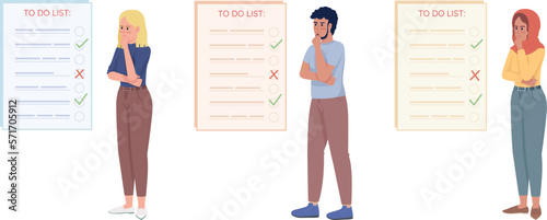 Successful people planning to do lists semi flat color vector characters set. Editable concepts. Simple cartoon style illustration pack for web graphic design and animation. Quicksand Medium font used