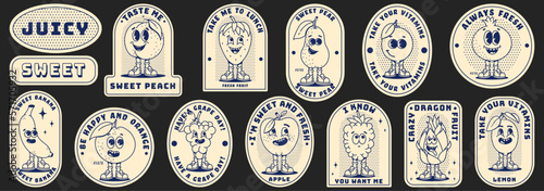 Retro labels with trendy groovy fruits. Modern patches with retro cartoon characters. Healthy food, comical phrases. Nostalgia for vintage aesthetics and 80s-90s-2000s. Monochrome palette.