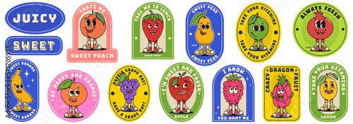 Retro labels with trendy groovy fruits. Modern patches with retro cartoon characters. Healthy food, comical phrases. Nostalgia for vintage aesthetics and 80s-90s-2000s.