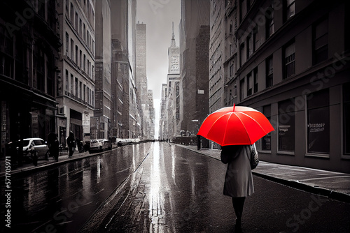 Retro Bild mit Colorkey-Effekt Frau mit roten Regenschirm in einer verregneten schwarz wei   Stadt - Generative Ai