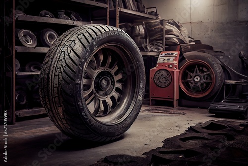 A tyre at the repair shop, service garage background, car fixing - generative ai © Infinite Shoreline
