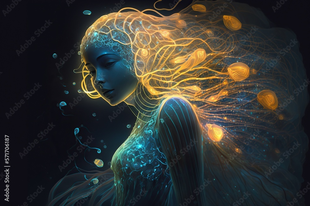 Jellyfish woman glowing, concept of Mystical and Illuminated, created with Generative AI technology Jellyfish woman glowing, concept of Mystical and Illuminated, created with Generative AI technology