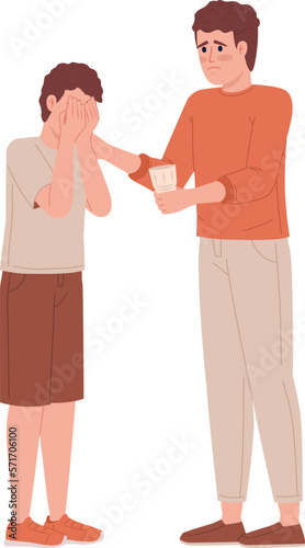 Worried father comforting son with glass of water semi flat color vector characters. Editable figures. Full body people on white. Simple cartoon style illustration for web graphic design and animation