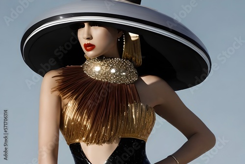 Model girl in big hat and extravagant clothes of fashion show in black and gold tones. Generative Ai