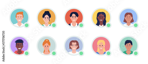 Smiling female and male flat vector avatar icons with green dots bundle. Editable default personas for UX, UI design. Colorful profile pictures collection for website, mobile, messaging app
