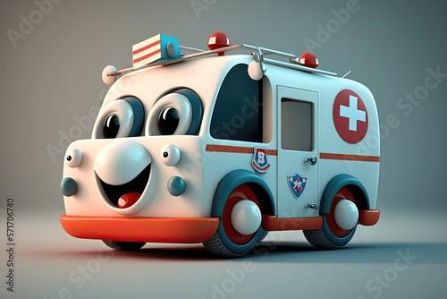 Cute 3D cartoon of ambulance character. Generative AI