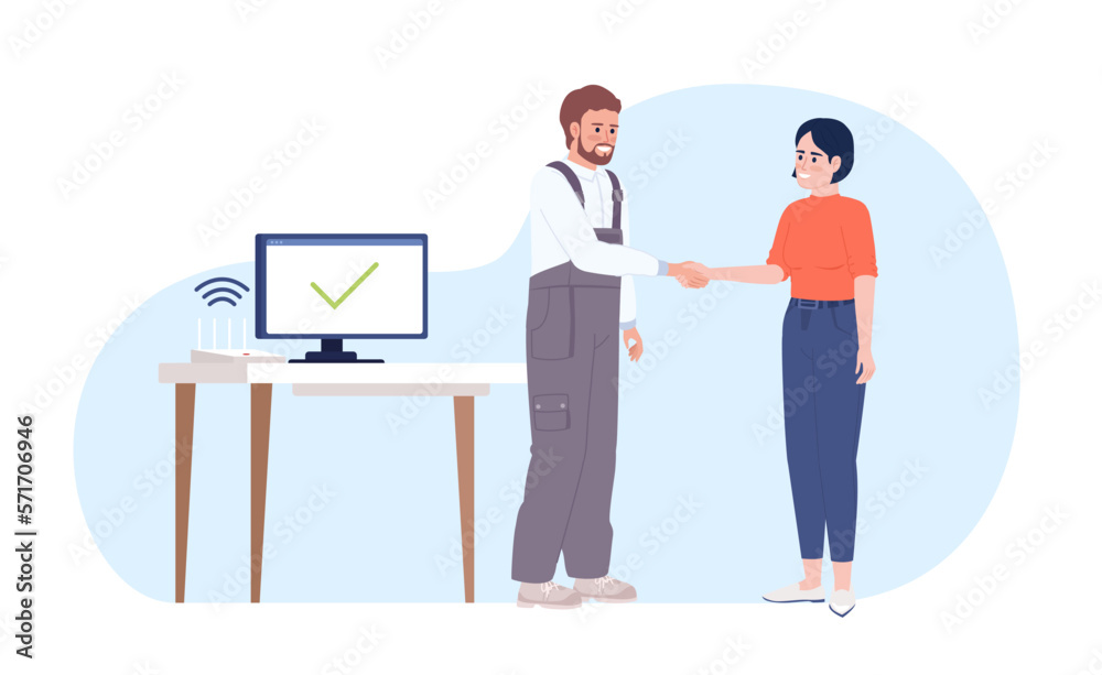 Troubleshooting internet connection at home 2D vector isolated illustration. Technician and happy client flat characters on cartoon background. Color editable scene for mobile, website, explainer Troubleshooting internet connection at home 2D vector isolated illustration. Technician and happy client flat characters on cartoon background. Color editable scene for mobile, website, explainer
