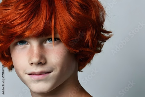 Portrait of smiling red-haired boy with blue eyes. Close up. Generative AI