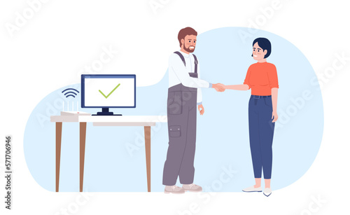 Troubleshooting internet connection at home 2D vector isolated illustration. Technician and happy client flat characters on cartoon background. Color editable scene for mobile, website, explainer