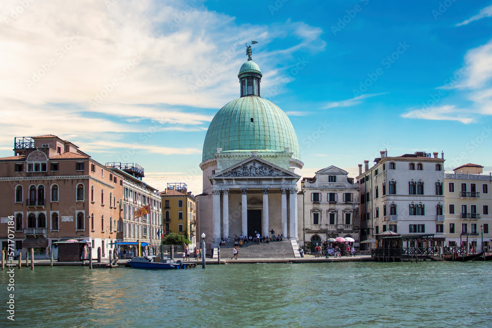 Beautiful view of the church of San Simeone Piccolo on against the Santa Lucia station in Venice, Italy